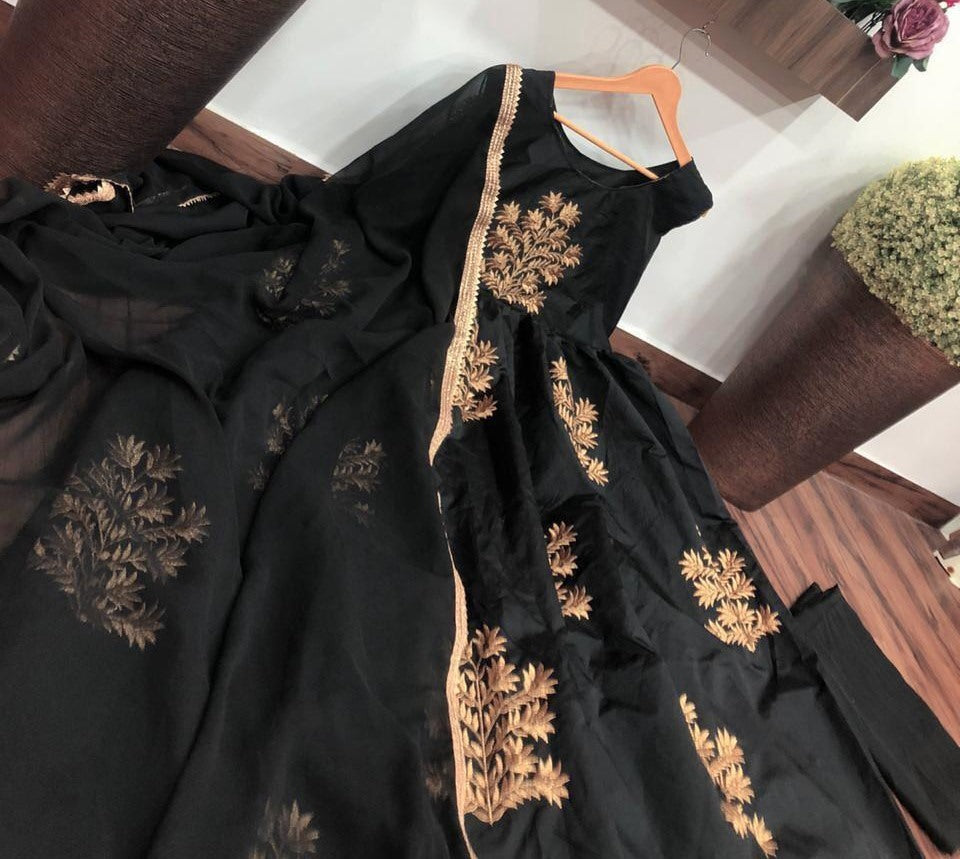 Black tapeta silk embroidered long anarkali gown