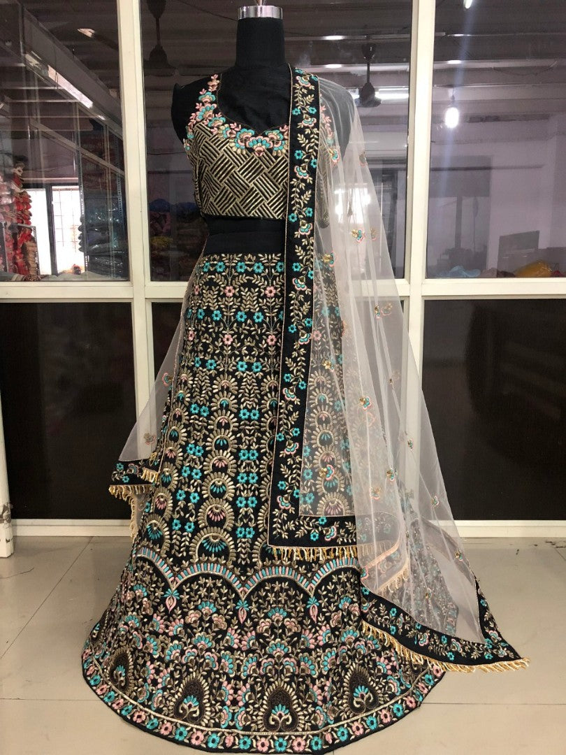 Black tapeta silk heavy designer embroidered bridal lehenga