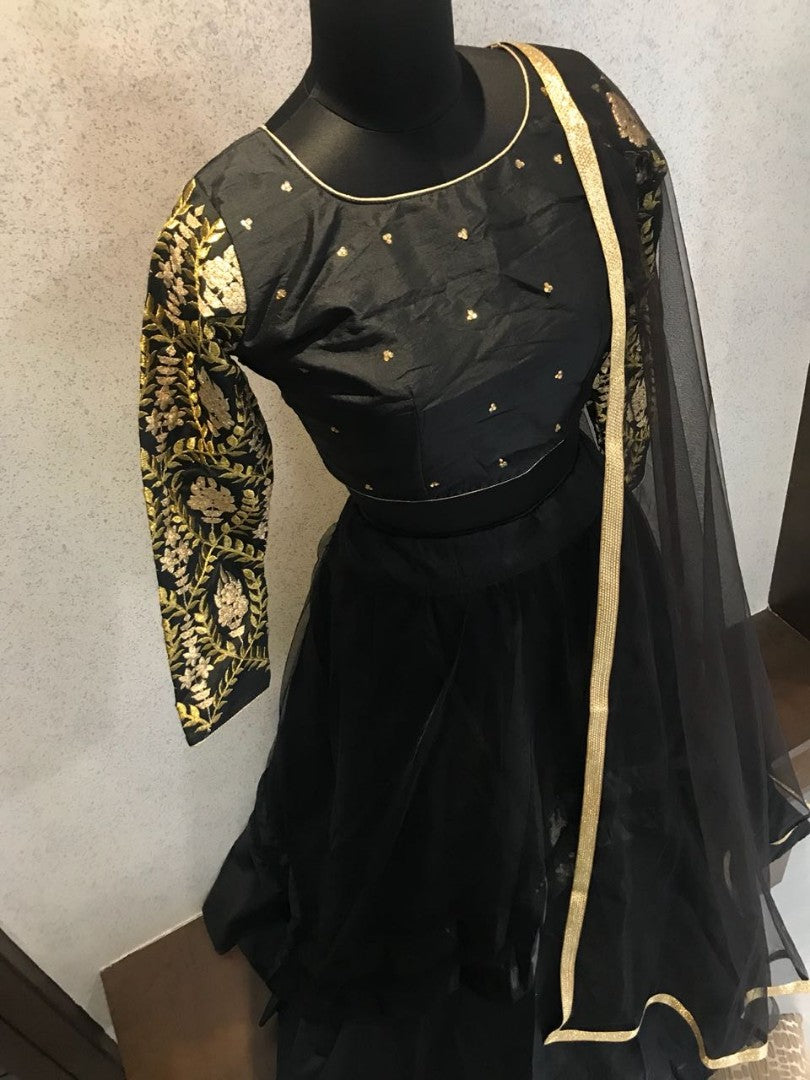black tapeta silk partywear lehenga with embroidered blouse