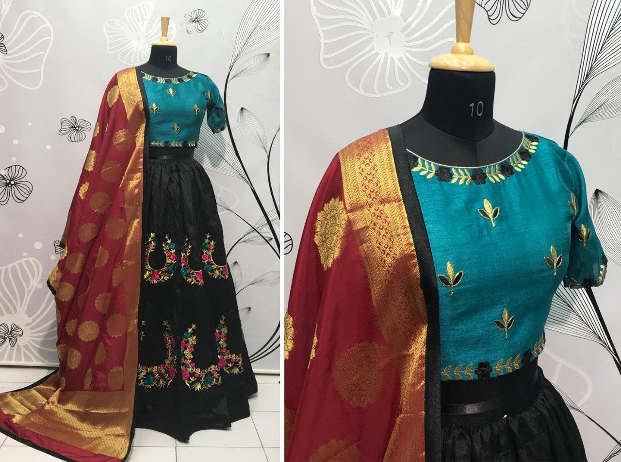 Black thai silk embroidered navratri festival wear lehenga choli