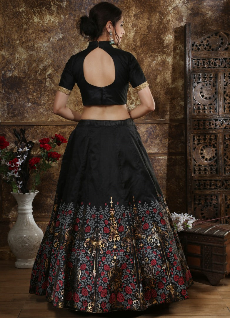 Black thai silk metallic foil work bridal lehenga choli