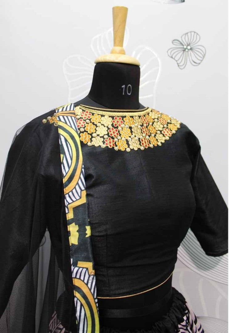 black thai silk multi color digital printed navratri festival wear lehenga choli