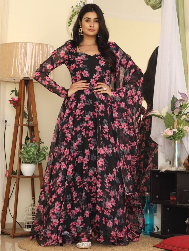 Black tibby silk floral printed long gown