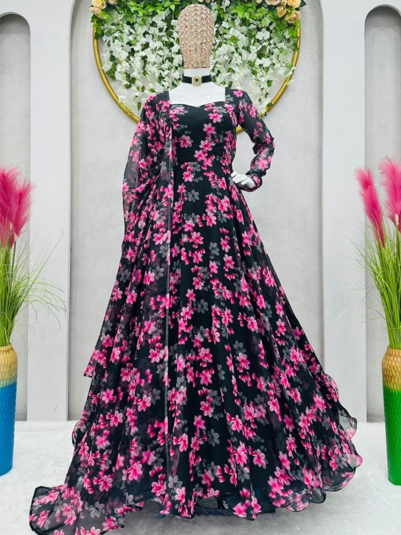 Black tibby silk floral printed long gown