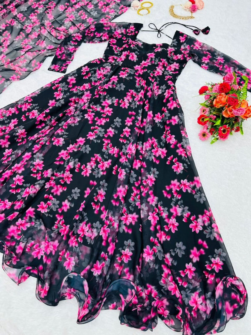 Black tibby silk floral printed long gown