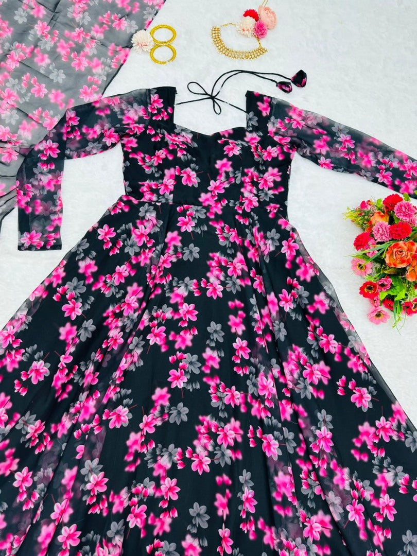 Black tibby silk floral printed long gown