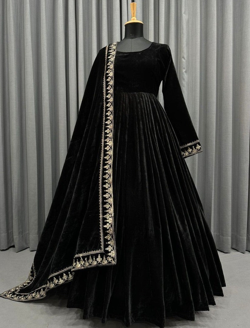 Black velvet embroidery worked long gown