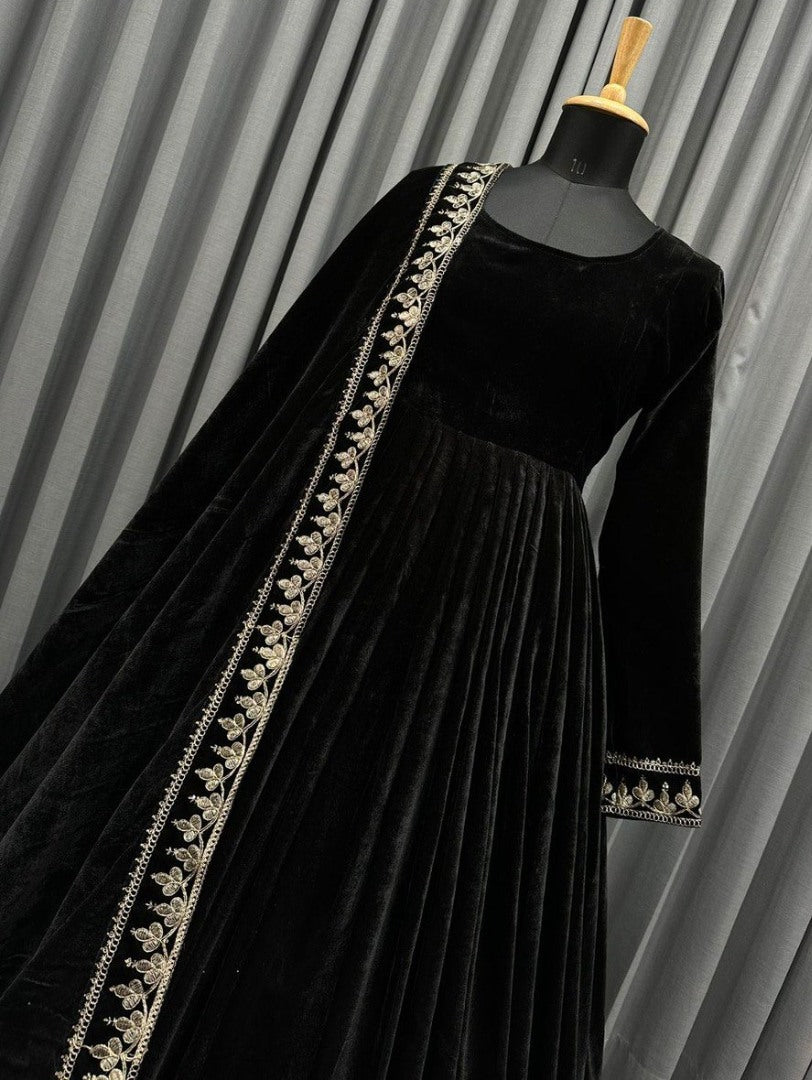 Black velvet embroidery worked long gown