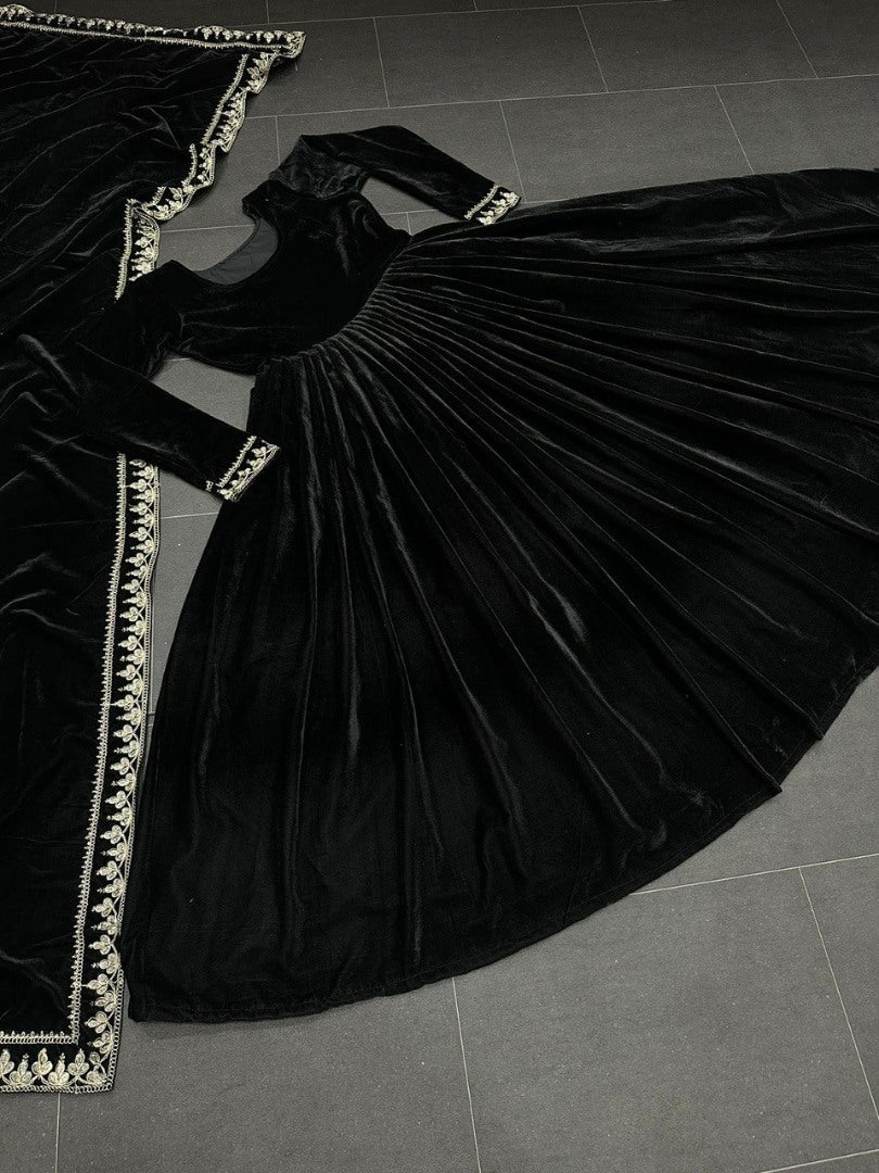 Black velvet embroidery worked long gown