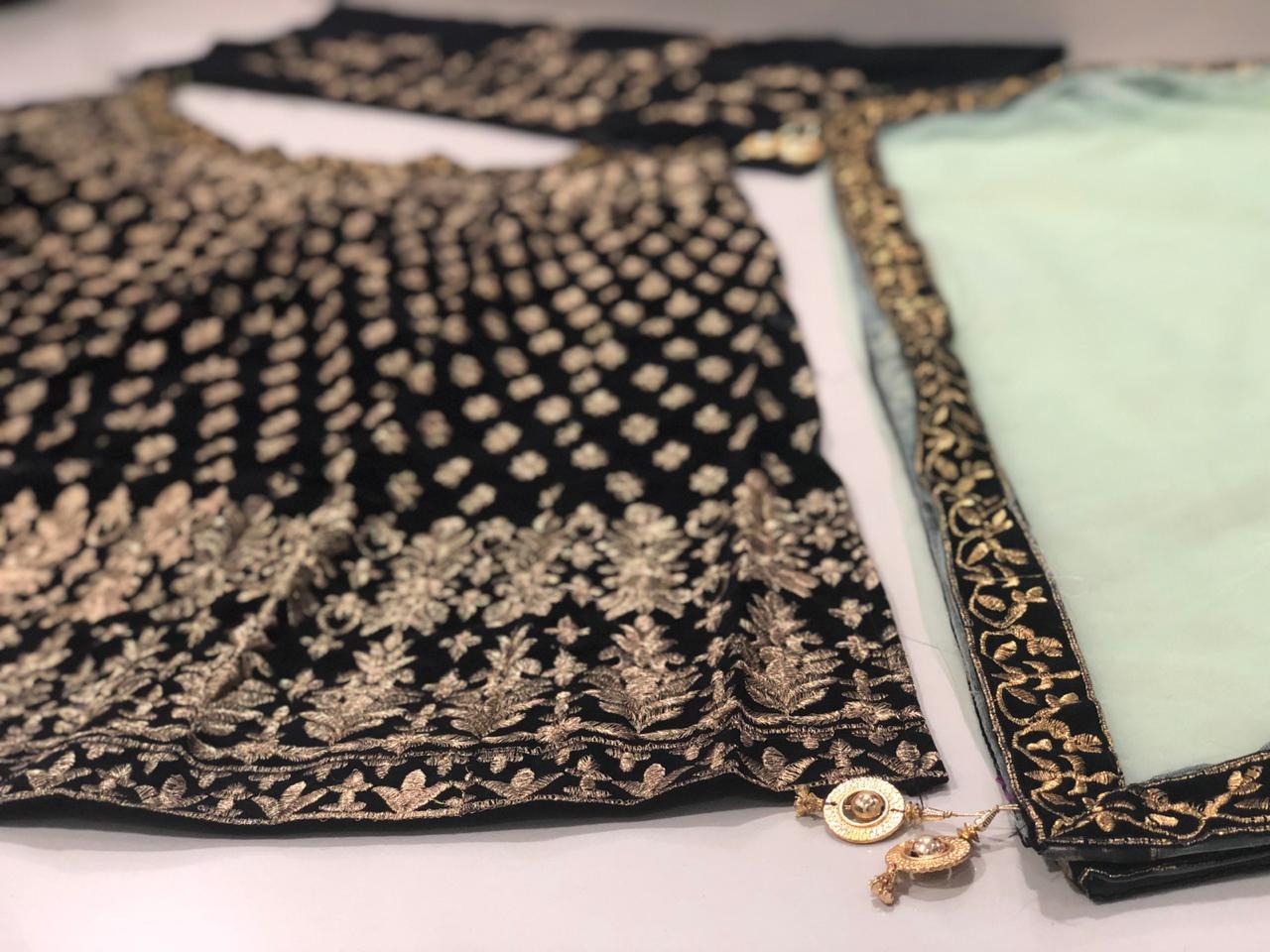 Black velvet heavy designer embroidered wedding lehenga choli