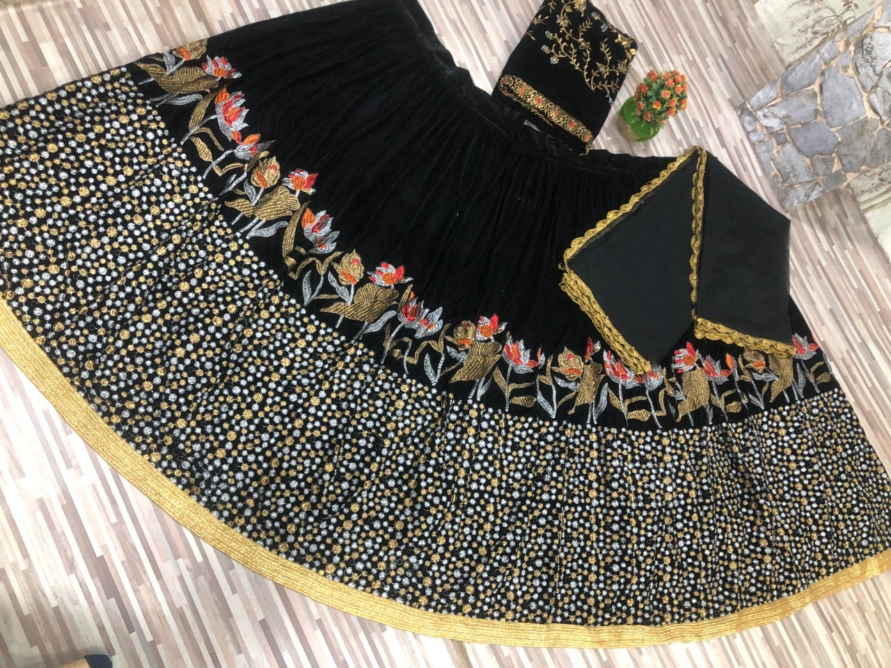 Black velvet heavy embroidered lehenga choli