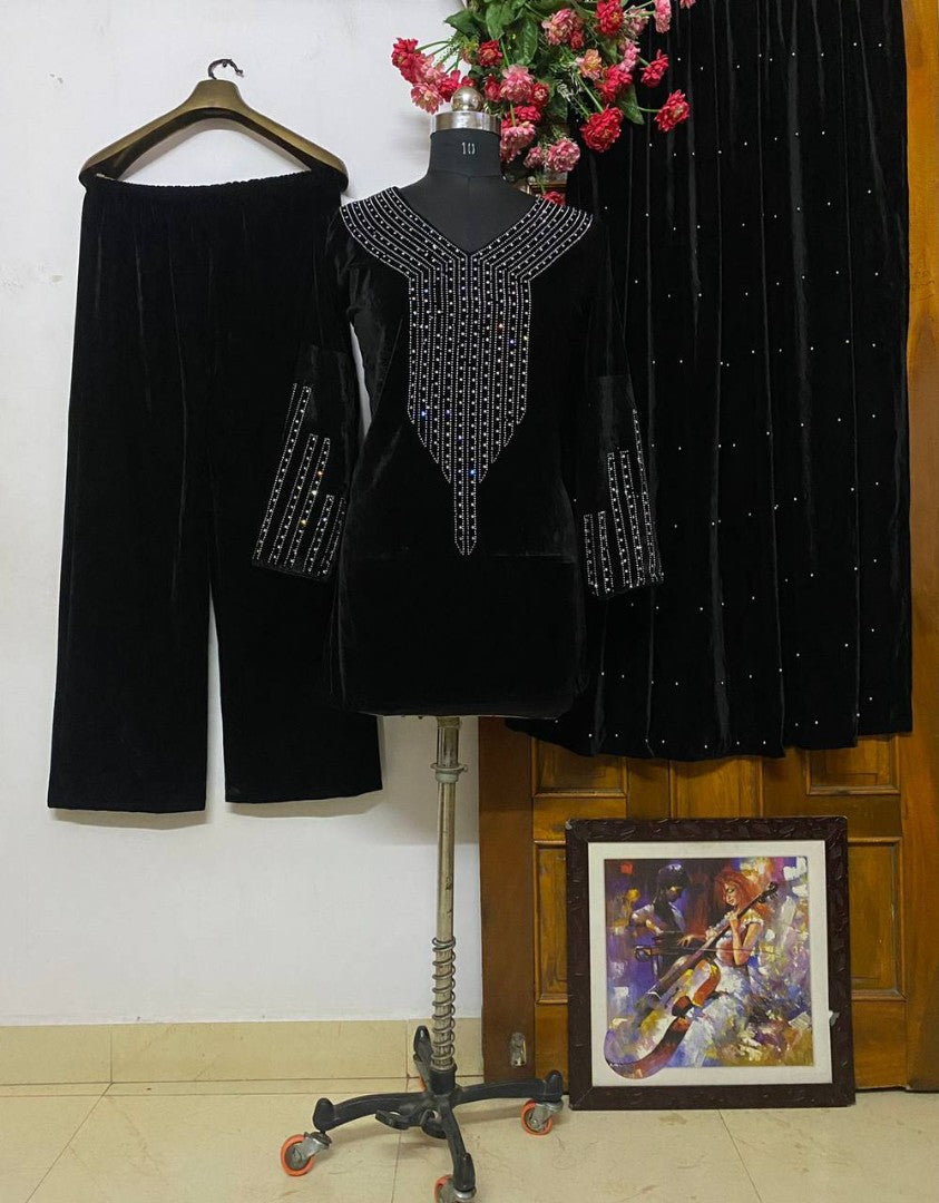 Black velvet sparkling diamond work palazzo suit