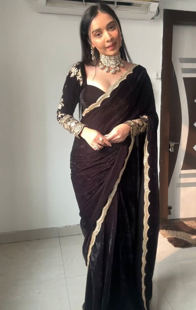 Black velvet thread sequence work party wear saree