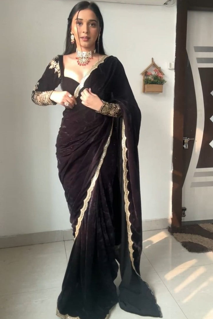 Black velvet thread sequence work party wear saree