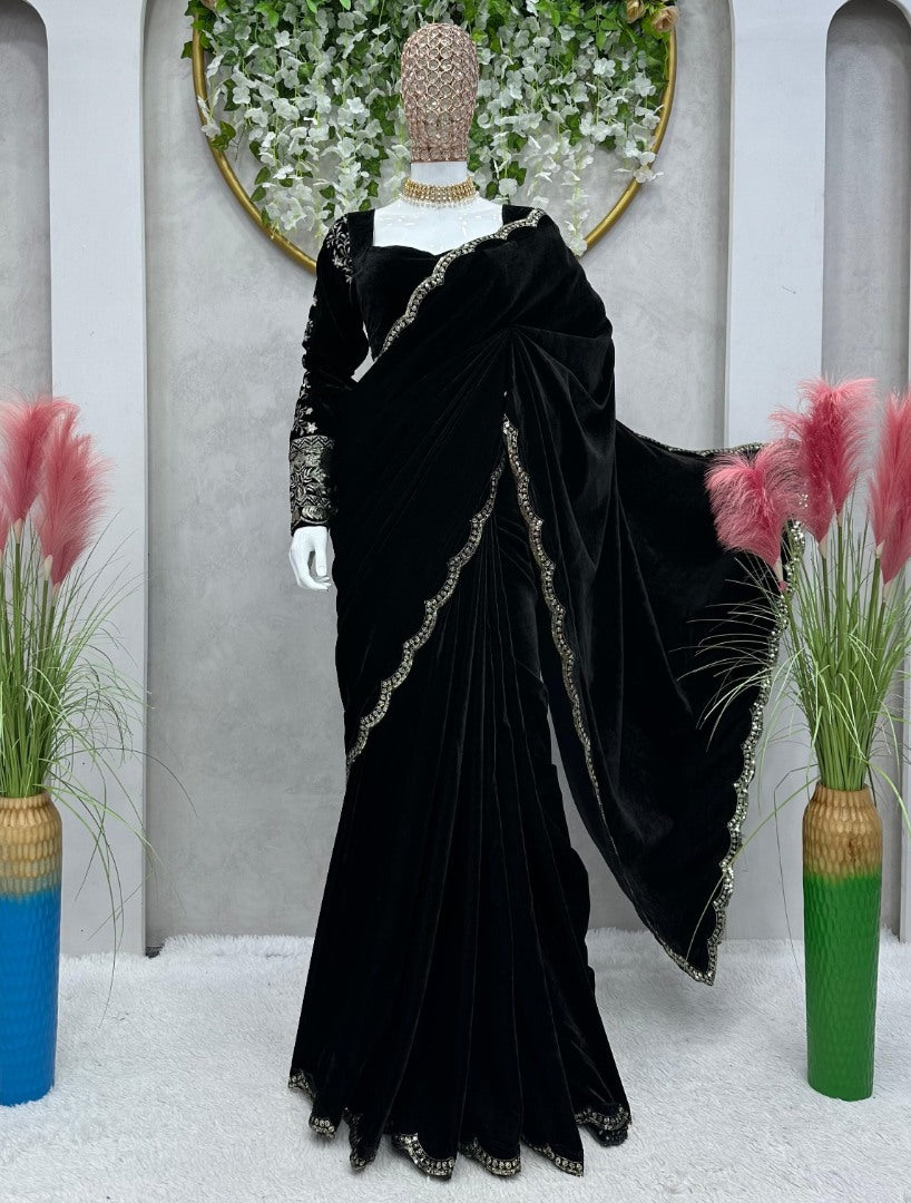 Black velvet thread sequence work party wear saree