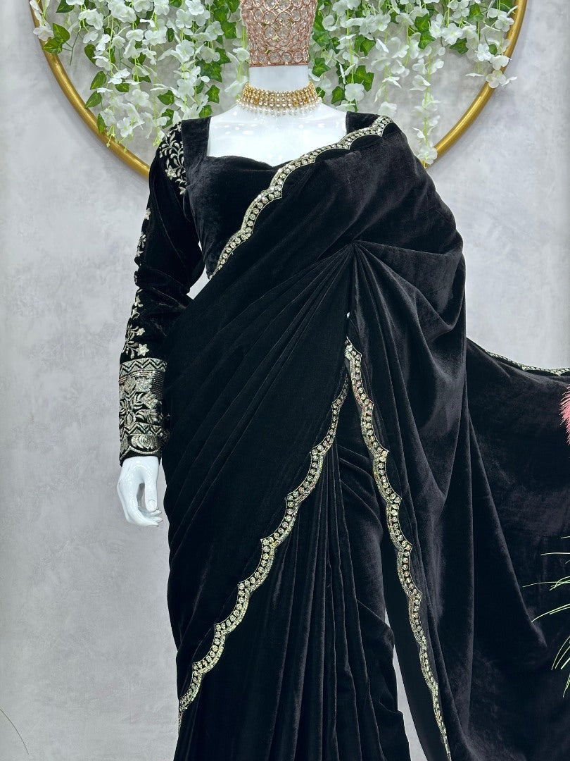 Black velvet thread sequence work party wear saree