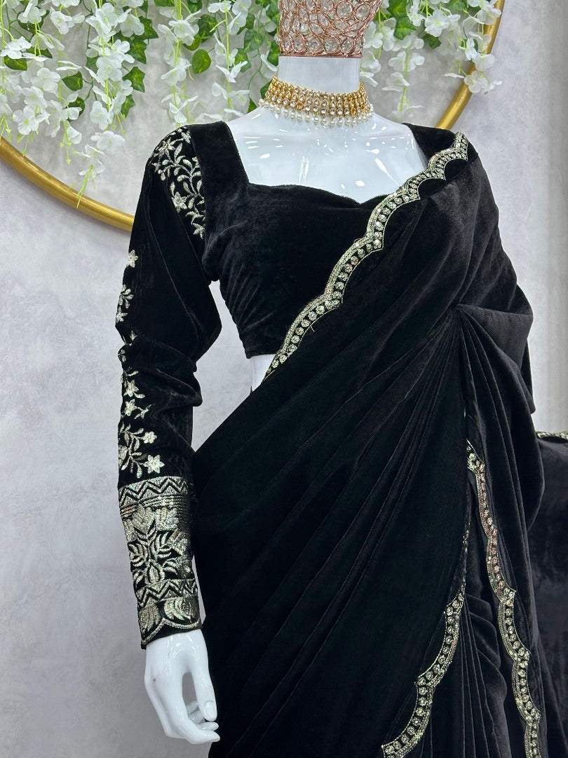 Black velvet thread sequence work party wear saree