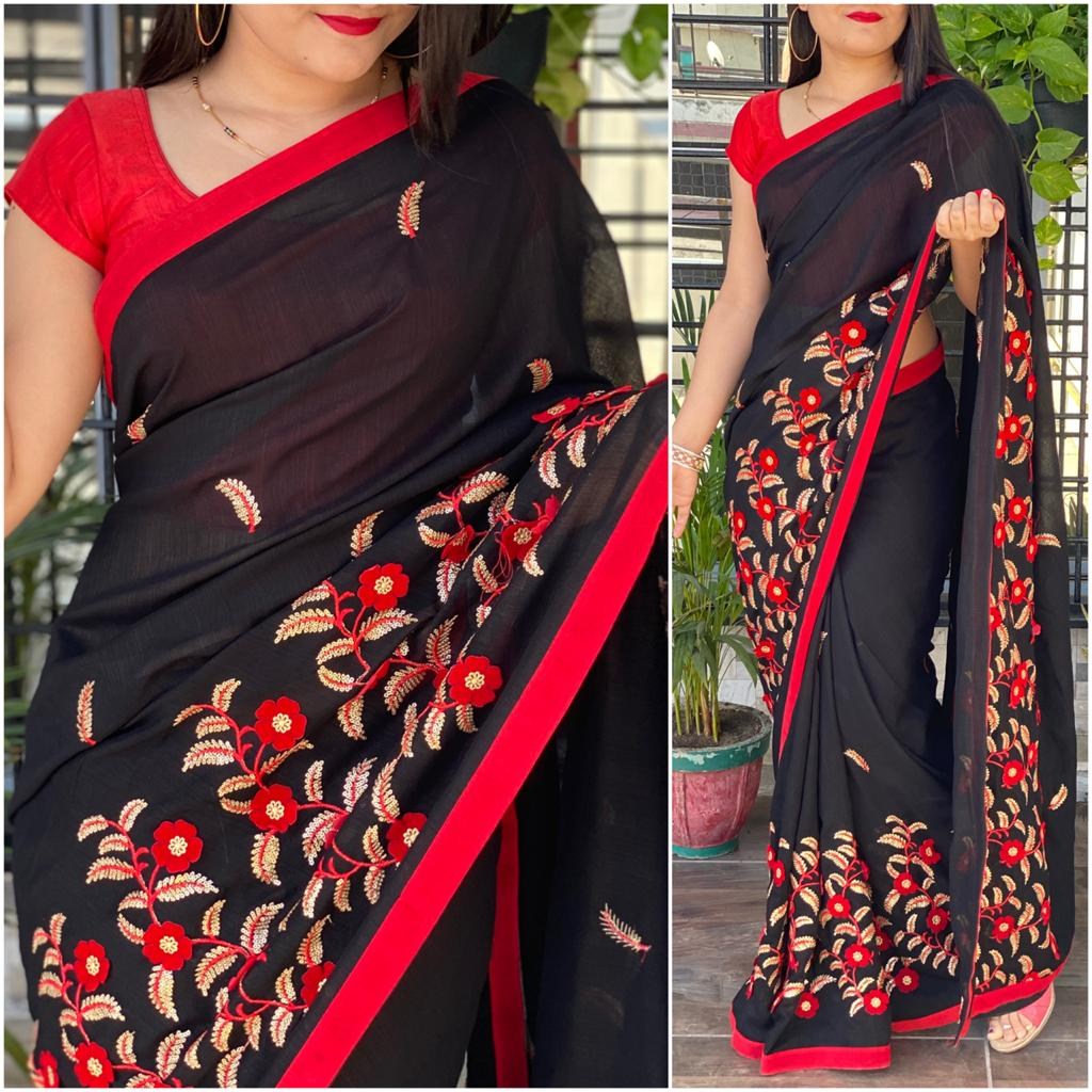 Black vichitra velvet cutwork and glitter sequence saree