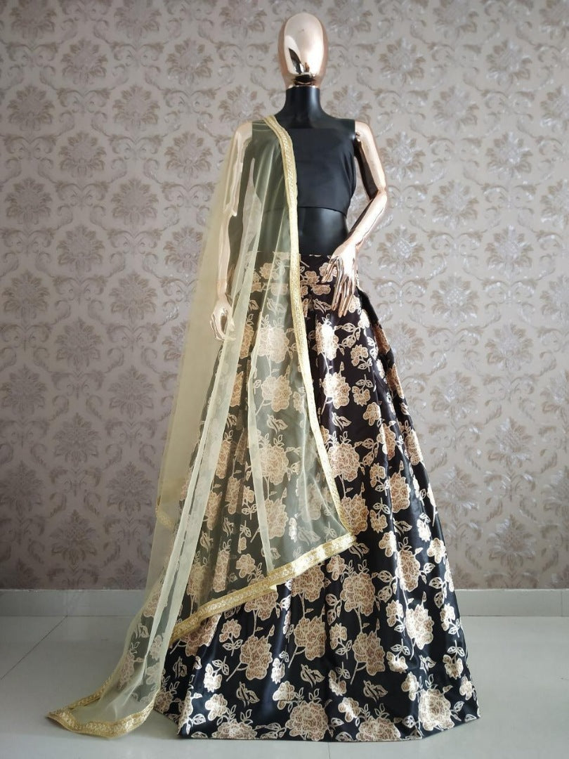 Black zari satin box cut golden flower printed crop top lehenga