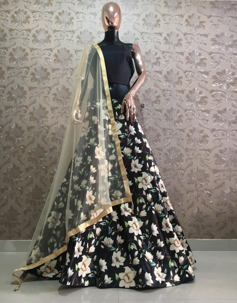 Black zari satin floral printed lehenga choli