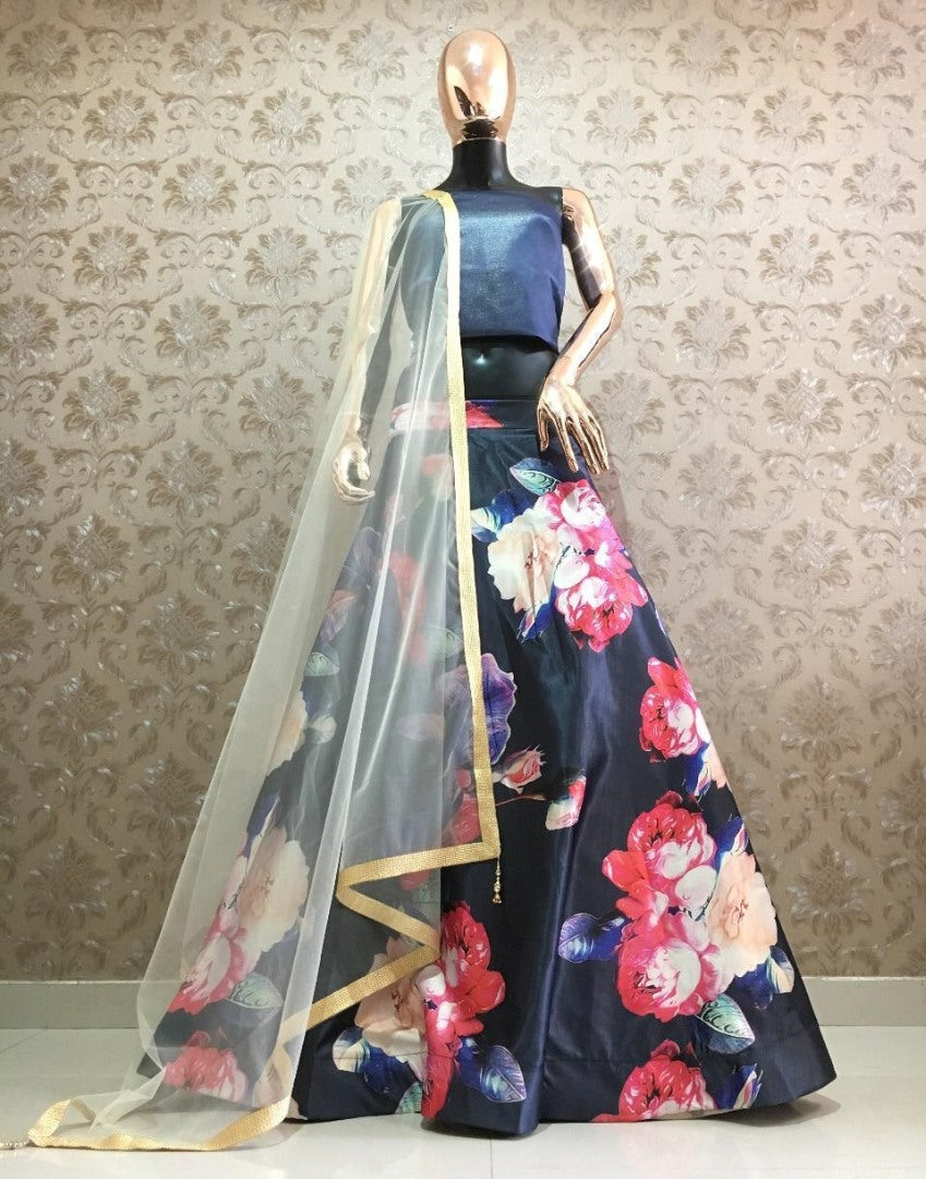 Black zari satin flower printed lehenga choli
