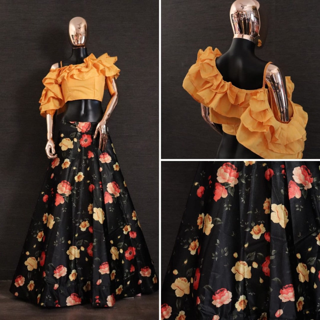 Black zari satin silk flower printed crop top lehenga