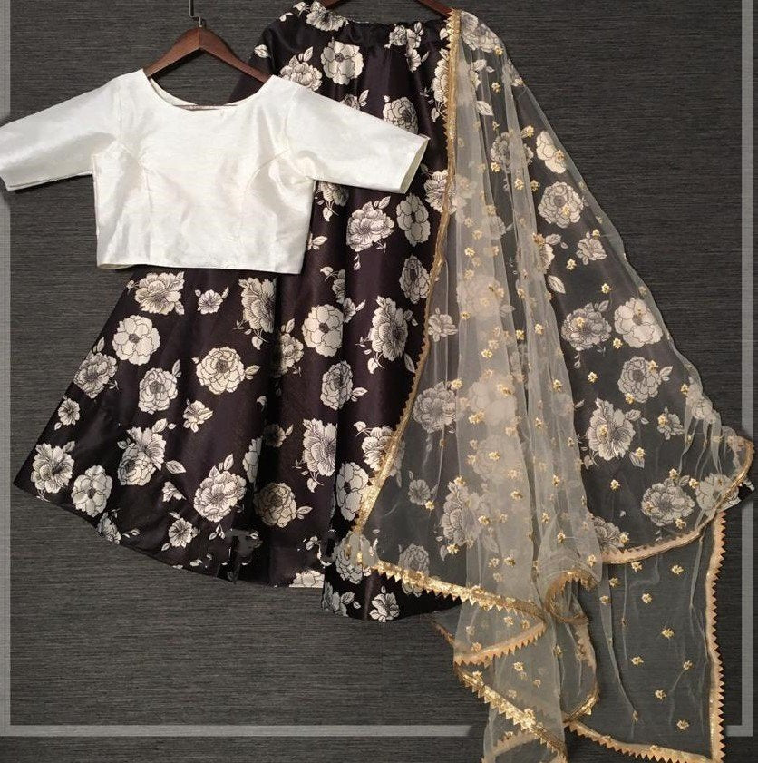 Black zari satin silk flower printed party wear lehenga choli