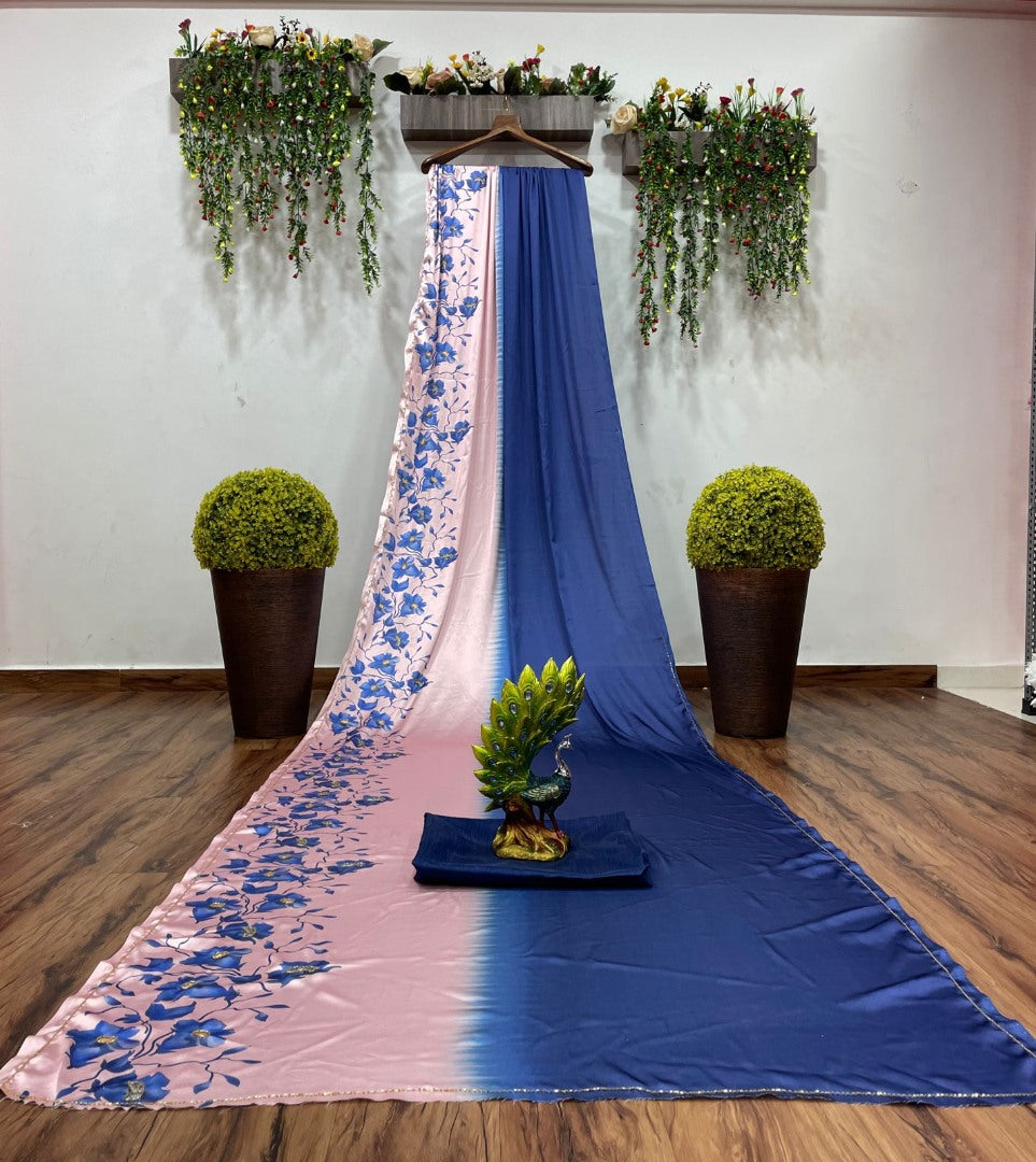Blue and baby pink satin silk digital printed hand worked saree