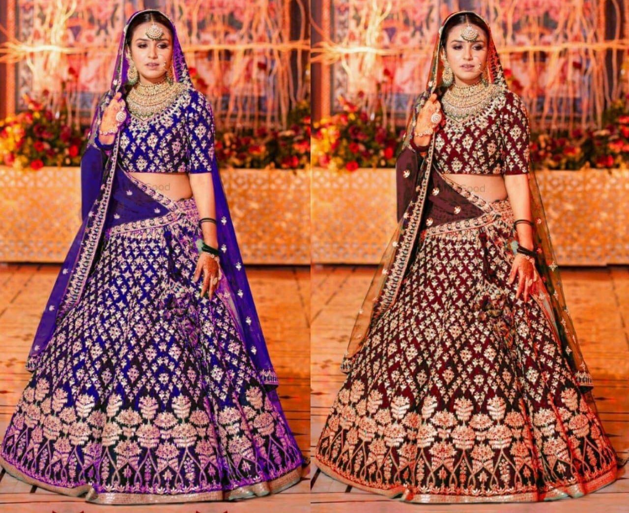 blue and maroon heavy embroidered designer bridal lehenga choli