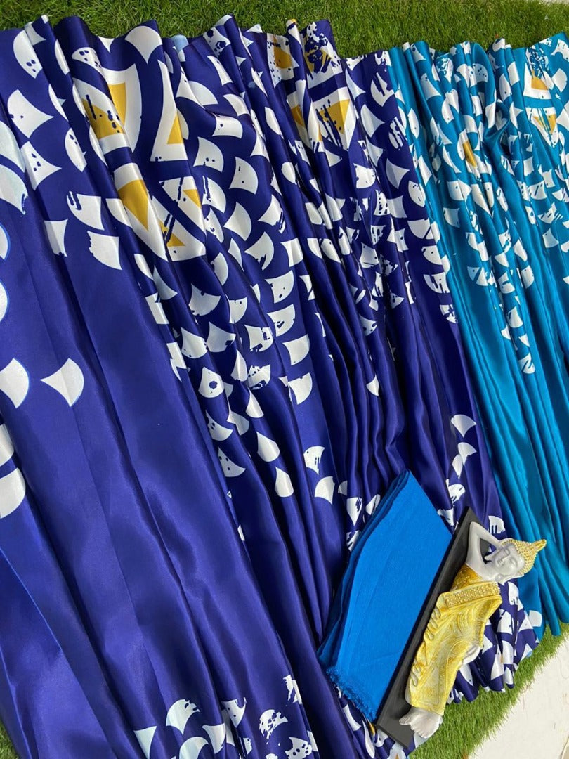 Blue and rama half half printed ultra satin fancy saree