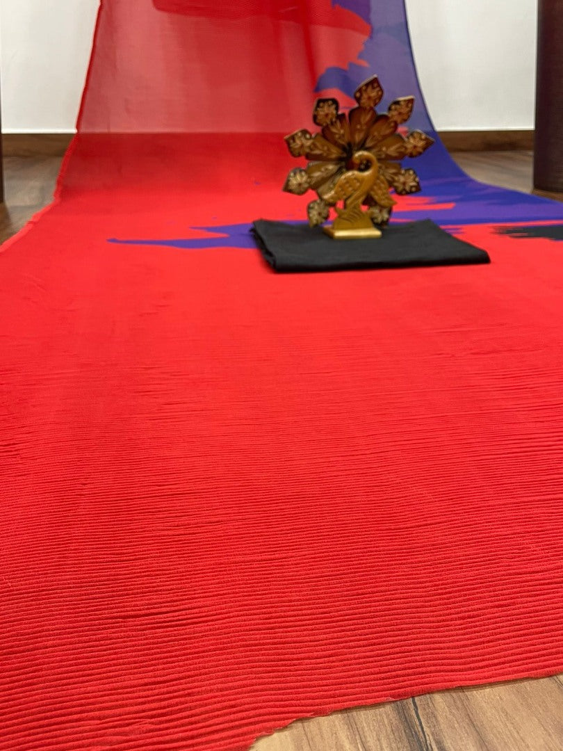Blue and red georgette printed pleated saree