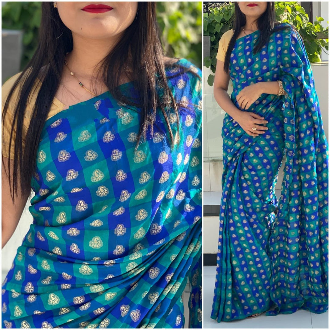 Blue and sea green chex sana silk saree