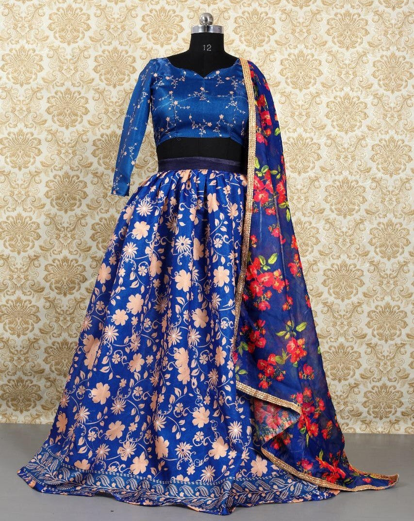 Blue banglori satin printed ceremonial lehenga choli