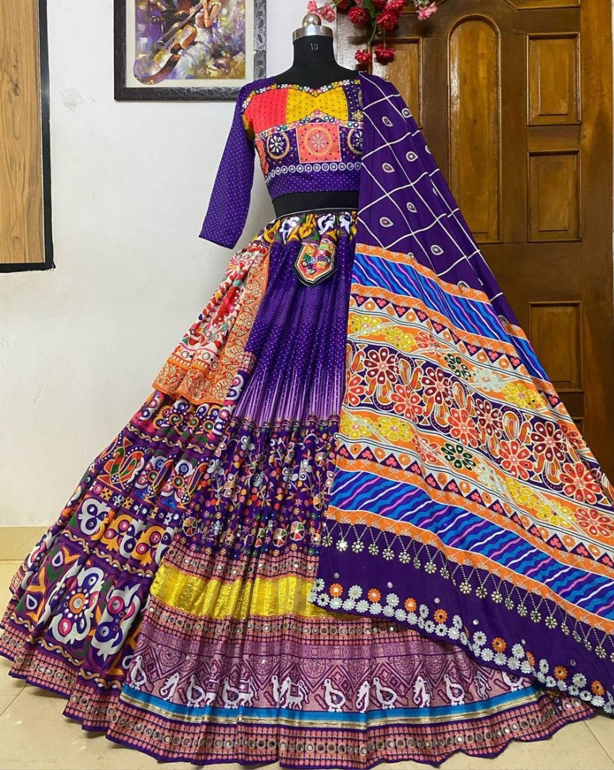 Blue butter silk digital print and mirror work navratri festival lehenga choli