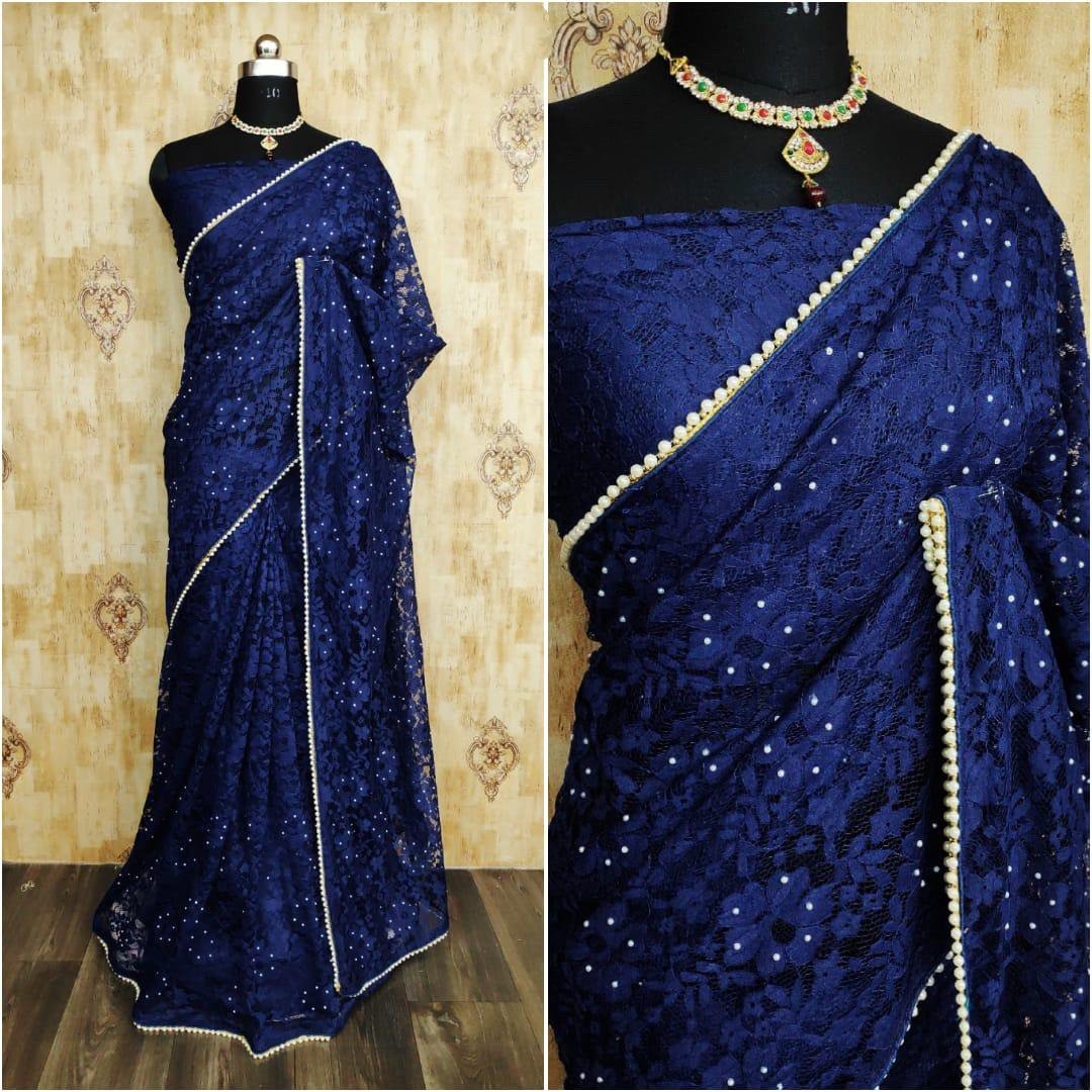 Blue chantley net pearl work partywear saree