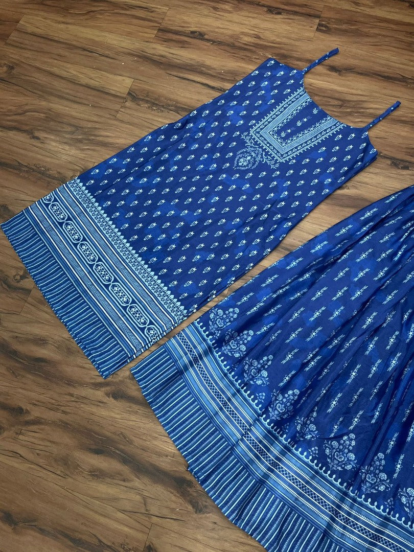 Blue chinon silk printed bollywood plazzo kurti