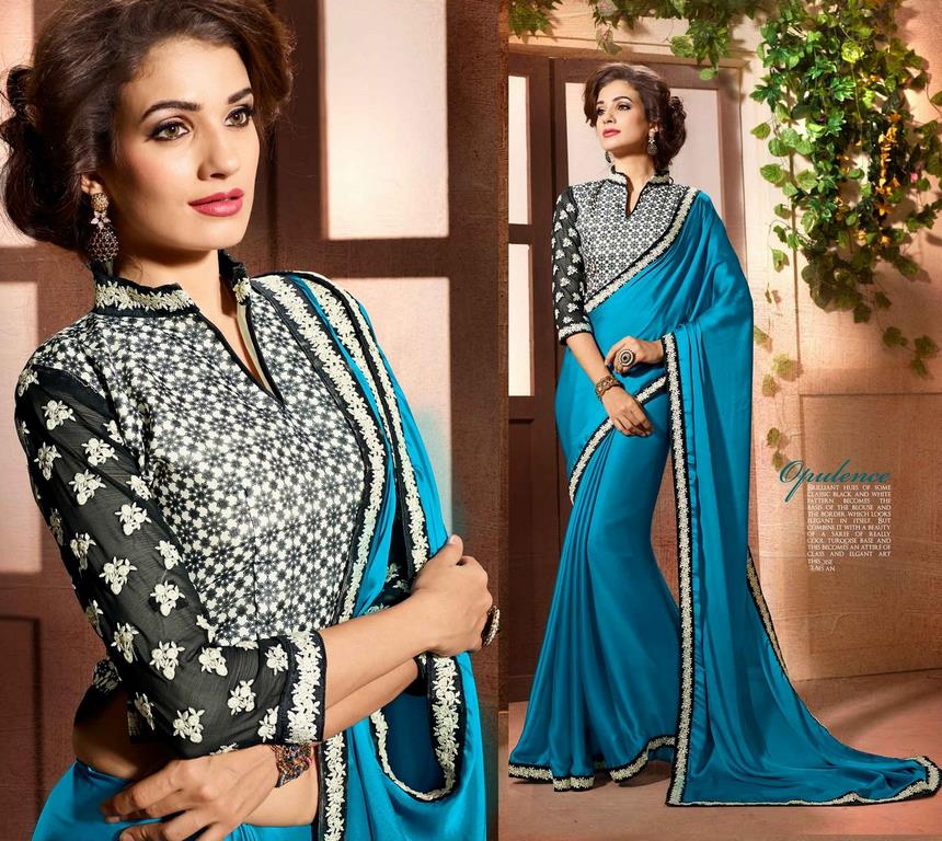 Blue Colored Chinon Embroidered & Lace Bordered Saree