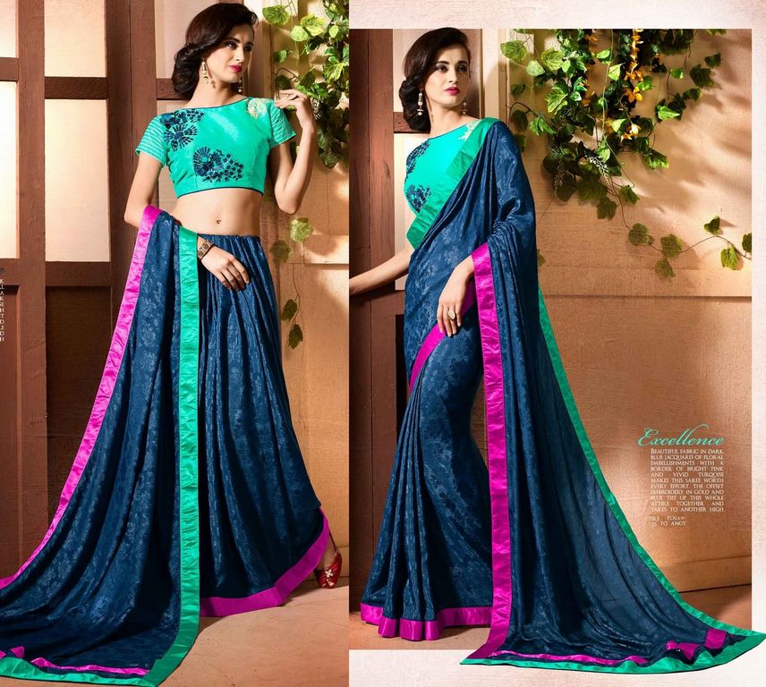 Blue Colored Chinon Embroidered & Lace Bordered Saree Bordered