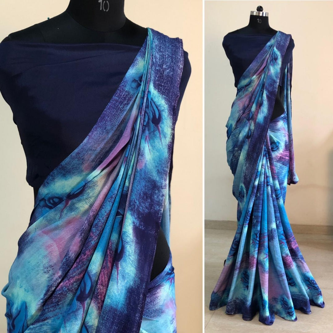 blue crap silk multicolor printed casual saree