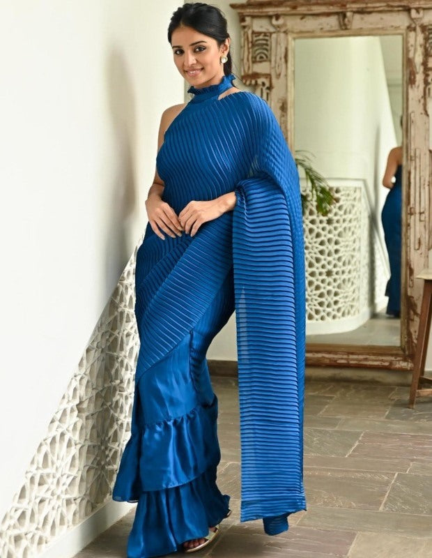 Blue crushed japan satin party wear ruffle saree