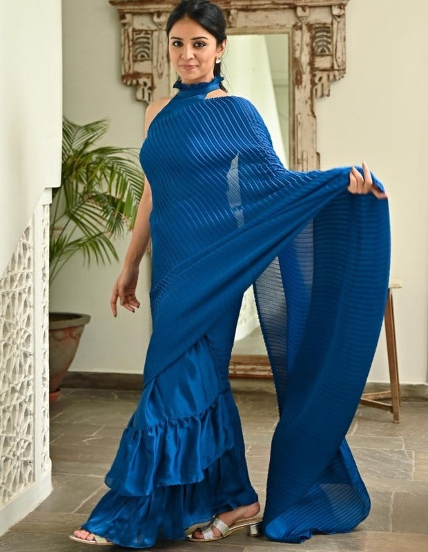 Blue crushed japan satin party wear ruffle saree