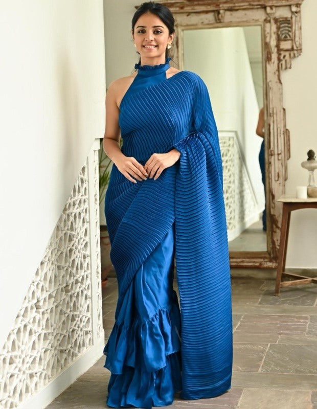 Blue crushed japan satin party wear ruffle saree