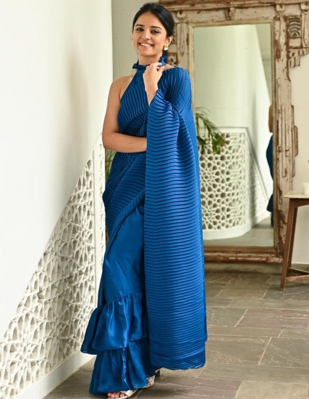 Blue crushed japan satin party wear ruffle saree