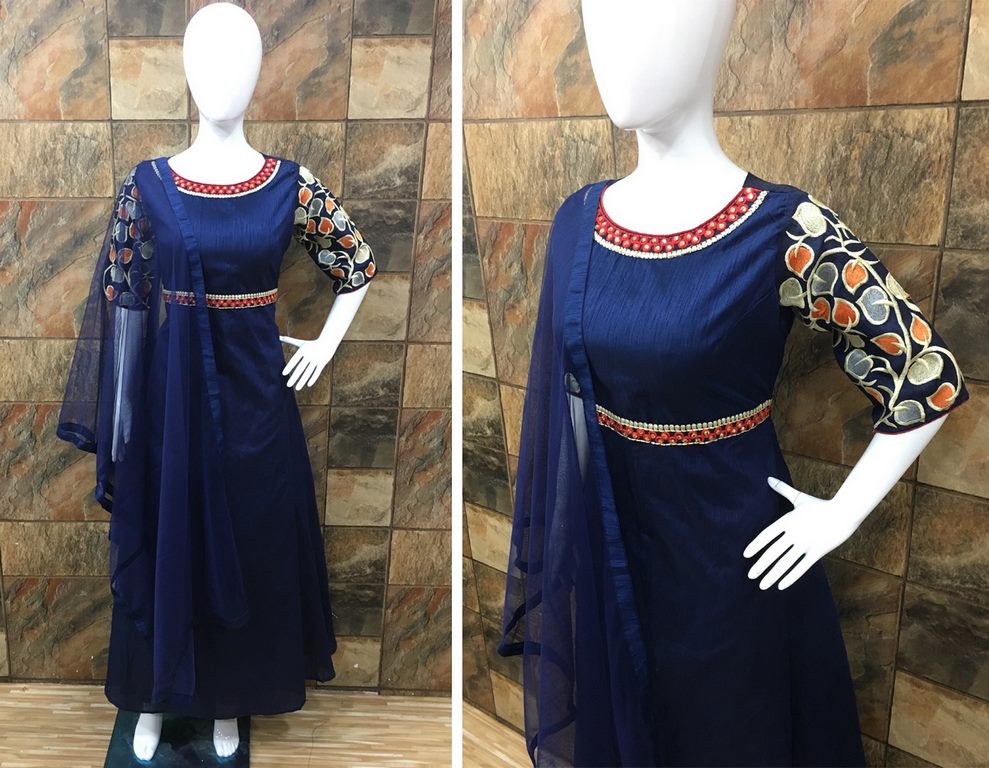 blue embroidered blanglori silk anarkali suit
