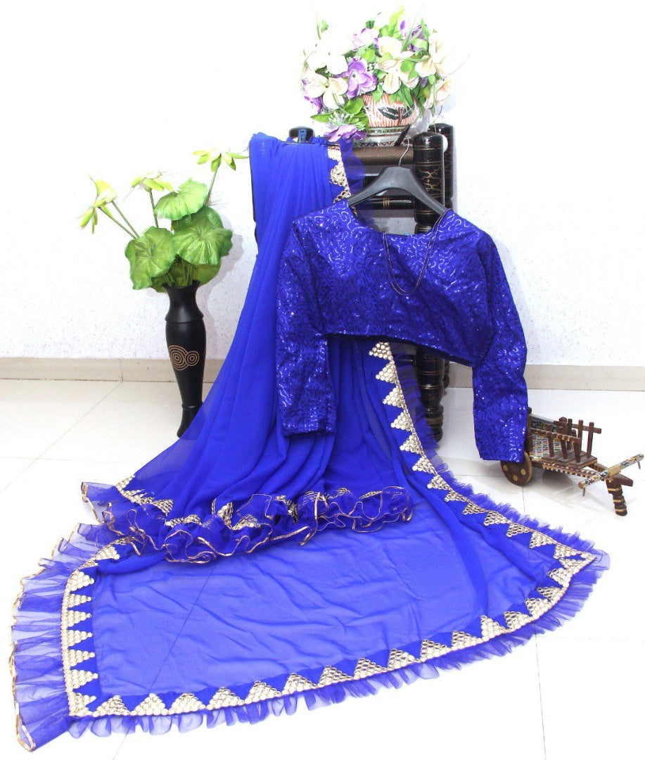 Blue georegette thread sequence and foil mirror work ruffle saree