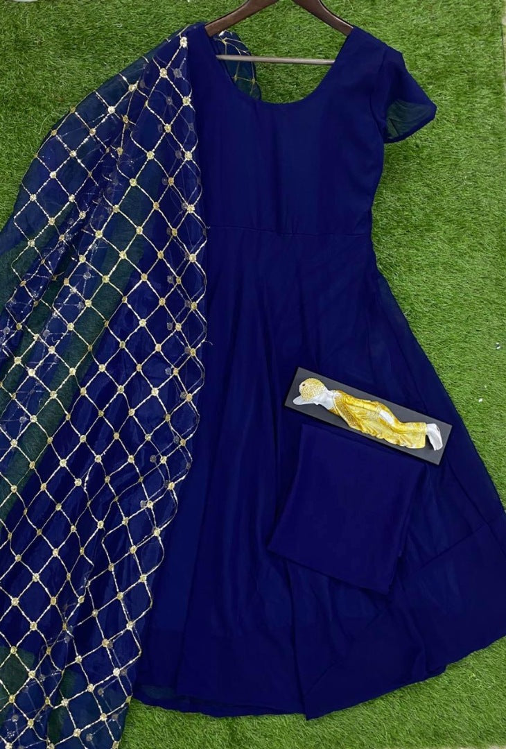 Blue georgette anarkali suit with sequence work dupatta