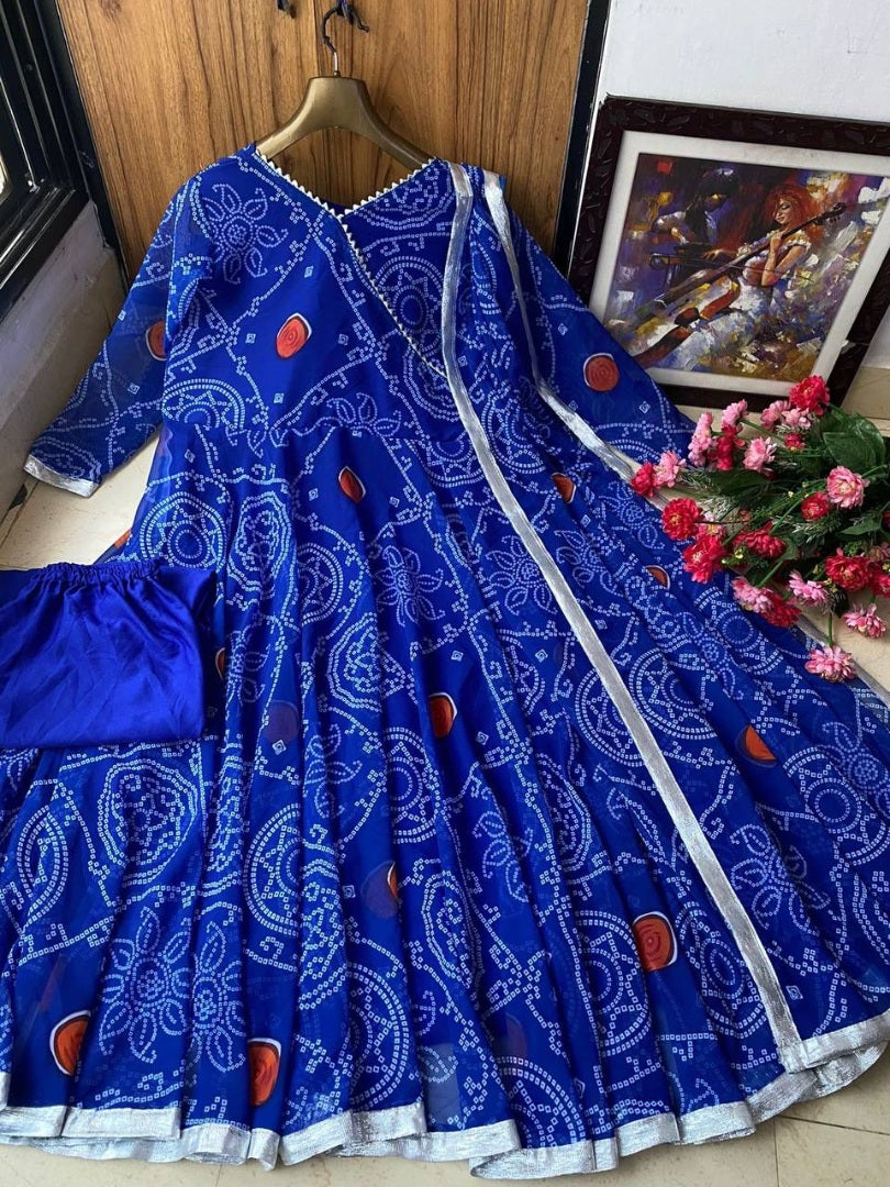 Blue georgette bandhni printed anarkali suit