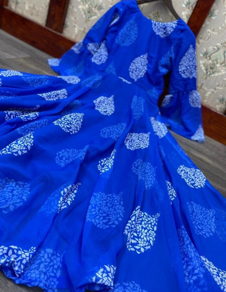 Blue georgette digital printed work gown