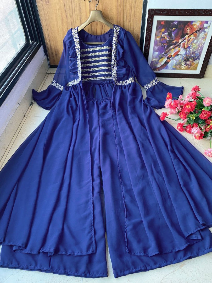 Blue georgette embroidered indowestern partywear plazzo suit with shrug