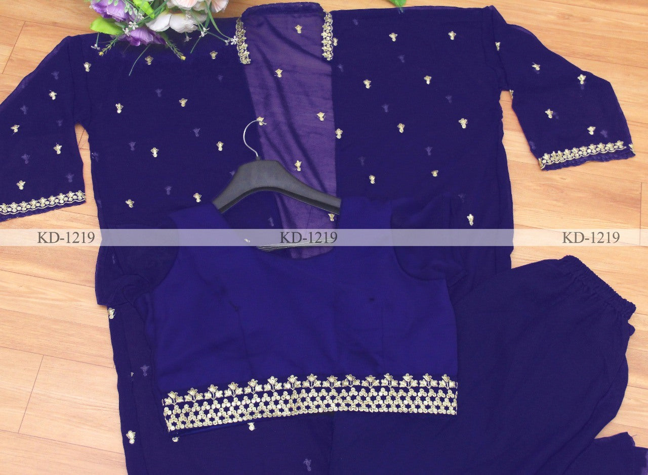 Blue georgette embroidered indowestern plazzo suit with shrug